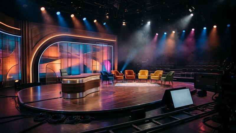 Plateau de talk-show de télévision vide, pupitre et fauteuils sous des projecteurs colorés, ambiance de studio en soirée, photo d'illustration sans texte ni personne identifiable