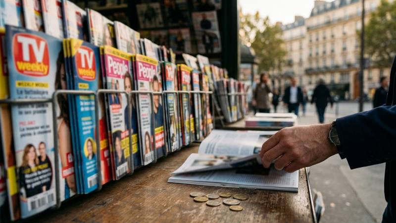 Présentoir de presse d'un kiosque à journaux avec des magazines télé et people alignés, photo d'illustration sans lien direct avec le magazine de Cyril Hanouna