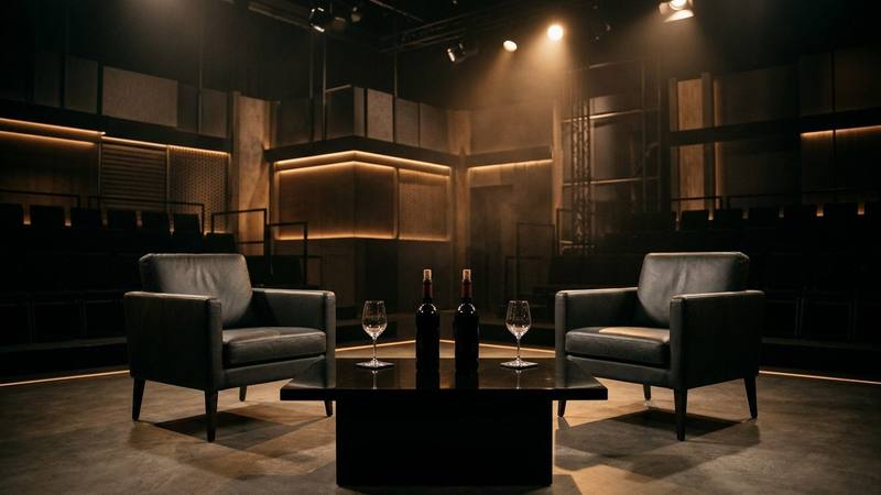 Plateau de talk-show faiblement éclairé avec deux fauteuils se faisant face et deux bouteilles de vin posées sur une table, projecteurs en contre-jour, photo d'illustration sans texte ni personne identifiable