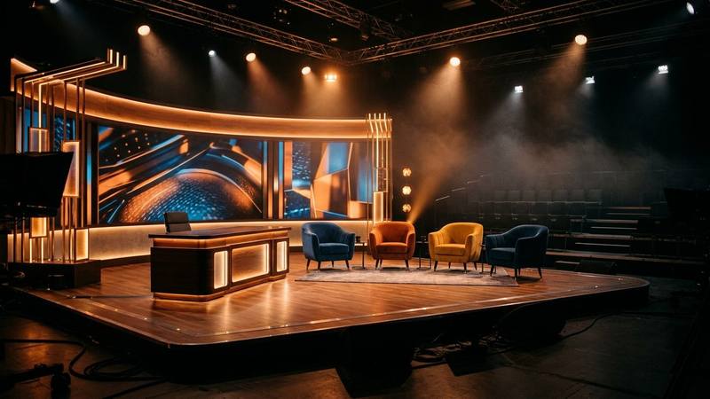 Plateau de talk-show vide en soirée, pupitre et fauteuils colorés sous des projecteurs, ambiance de divertissement d'access, photo d'illustration sans texte ni personne identifiable