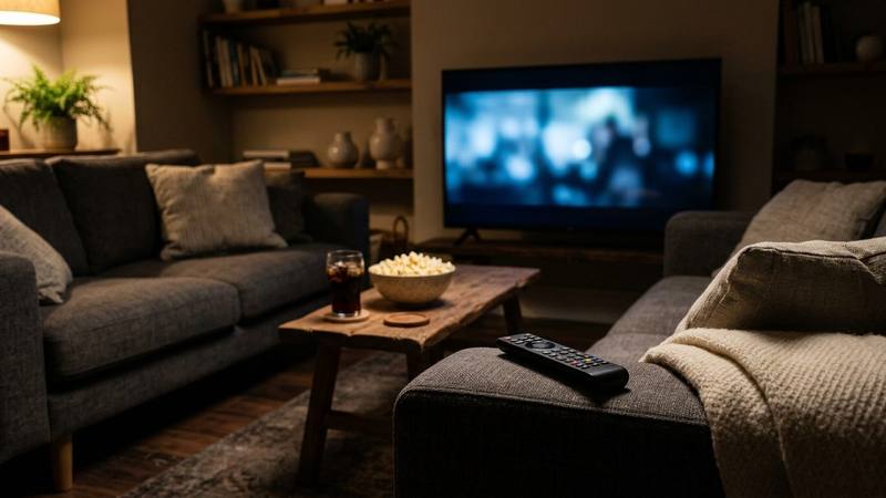 Salon plongé dans la pénombre, télécommande posée sur un canapé devant un grand écran de télévision allumé, photo d'illustration sans personne identifiable