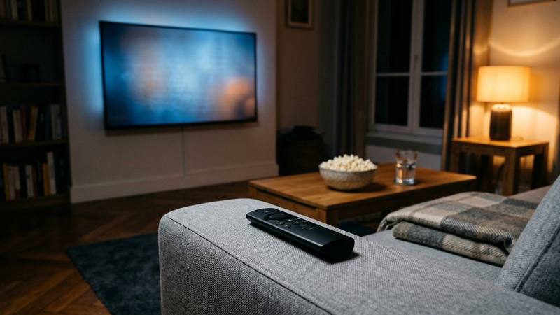 Salon en soirée, télécommande posée sur l'accoudoir d'un canapé face à un téléviseur allumé, photo d'illustration sans lien direct avec l'émission