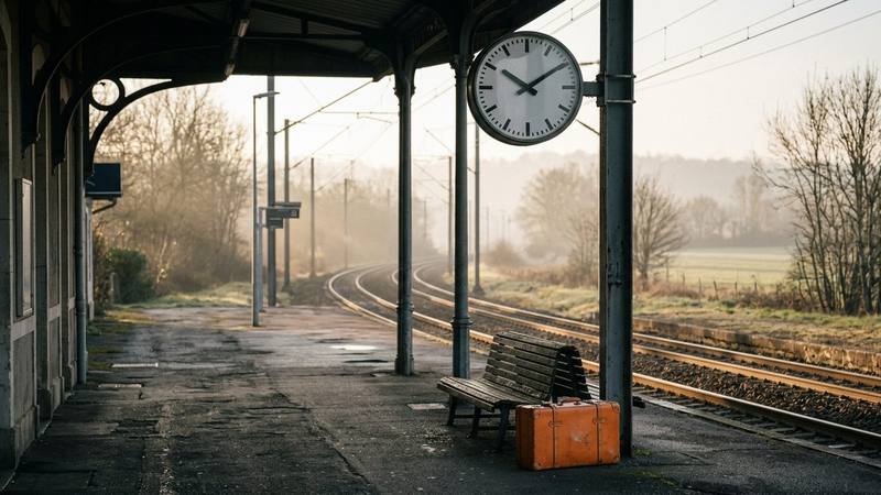 Horloge de gare ancienne dont les aiguilles approchent de l'heure du départ, quai désert au petit matin, photo d'illustration sans lien direct avec le tournage