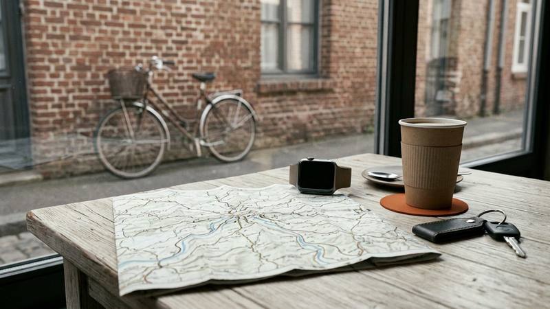 Une carte routière dépliée sur une table en bois, à côté d'une montre connectée et d'un gobelet de café, photo d'illustration sans lien direct avec le tournage