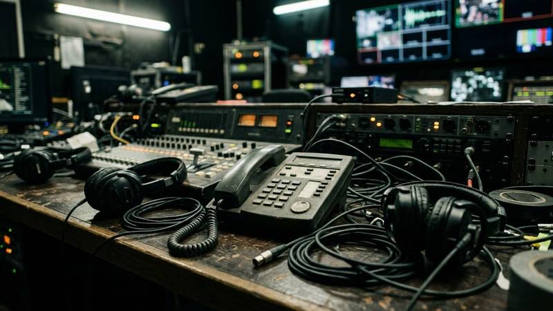 Un poste de téléphone fixe posé sur un bureau de régie, au milieu de casques et de câbles, photo d'illustration sans lien direct avec les lieux du tournage