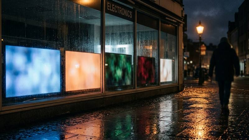 Cinq téléviseurs allumés côte à côte dans une vitrine de magasin la nuit, écrans aux couleurs différentes, photo d'illustration sans lien direct avec les programmes