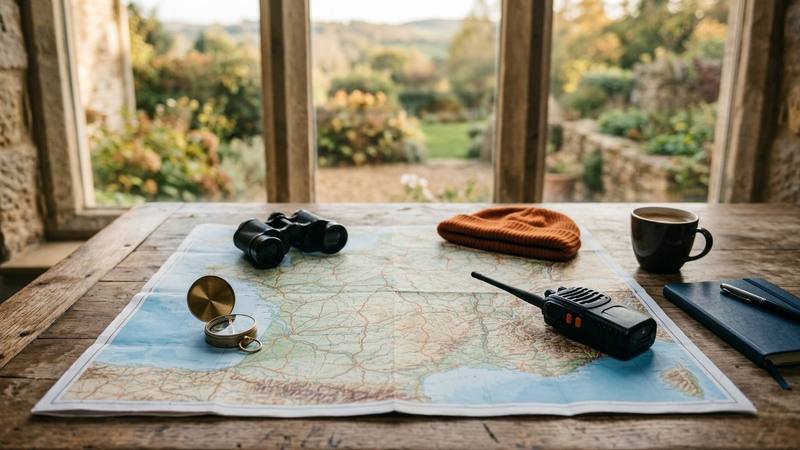 Carte routière dépliée sur une table en bois, avec une boussole, des jumelles et un talkie-walkie posés à côté, photo d'illustration sans lien direct avec l'émission