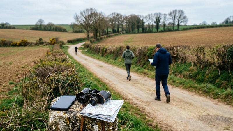 Trois silhouettes de dos sur un chemin de campagne au petit matin, un smartphone, une paire de baskets et une carte dépliée au premier plan, photo d'illustration sans lien direct avec l'émission