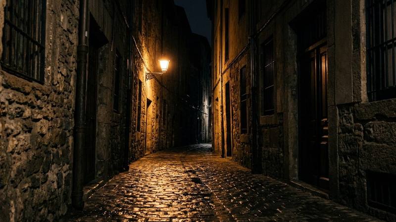 Ruelle de ville la nuit vue en légère contre-plongée, pavés humides et halo d'un réverbère, ambiance de traque urbaine, photo d'illustration sans texte ni personne identifiable