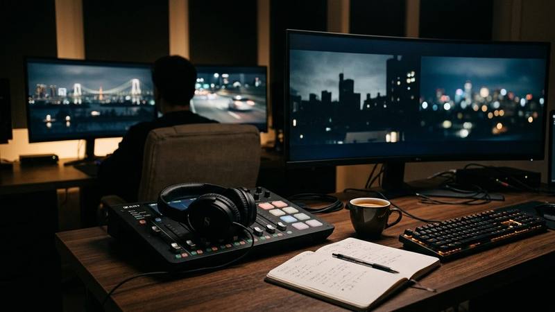 Table de montage vidéo dans la pénombre, écrans de visionnage et casque posé, photo d'illustration sans personnalité identifiable
