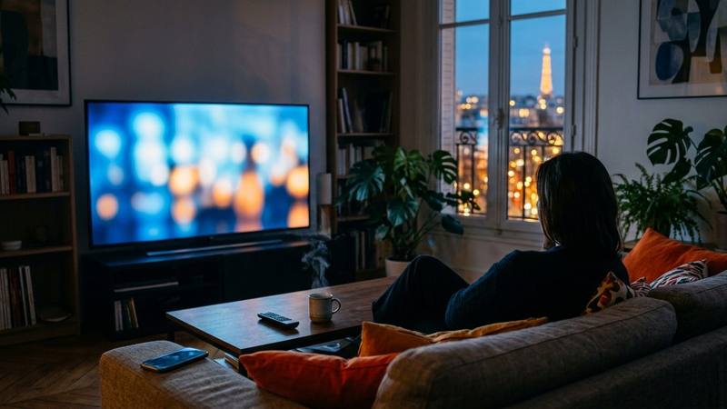 Grand écran de télévision allumé dans un salon sombre, face à un canapé où sont posés des coussins orange, photo d'illustration sans lien direct avec l'émission