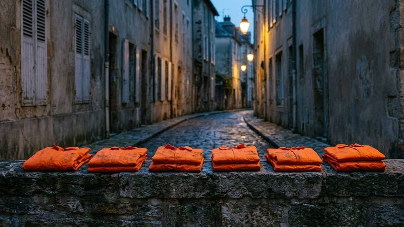 Six combinaisons orange de fugitifs posées côte à côte sur un muret dans une rue de ville au crépuscule, ambiance de traque urbaine, photo d'illustration sans texte ni visage identifiable
