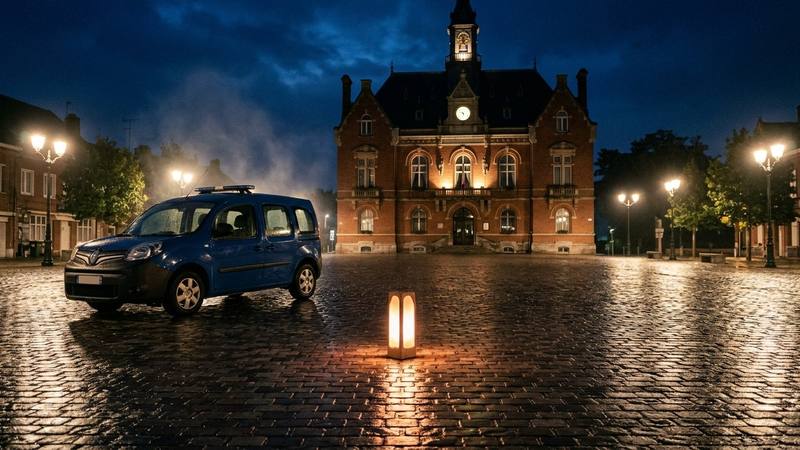 Place pavée humide devant une mairie en brique la nuit, véhicule de police municipale stationné sous les réverbères, ambiance de traque urbaine, photo d'illustration sans texte ni visage identifiable