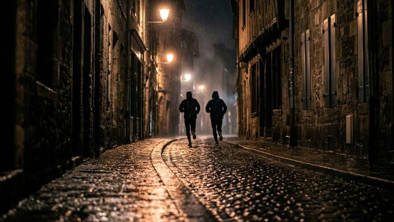 Rue de ville la nuit sous la pluie fine, deux silhouettes floues s'éloignant sous les réverbères, ambiance de traque urbaine, photo d'illustration sans texte ni visage identifiable