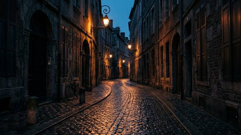 Rue de ville déserte au crépuscule, pavés humides et réverbères qui s'allument, ambiance de traque urbaine en suspens, photo d'illustration sans texte ni personne identifiable