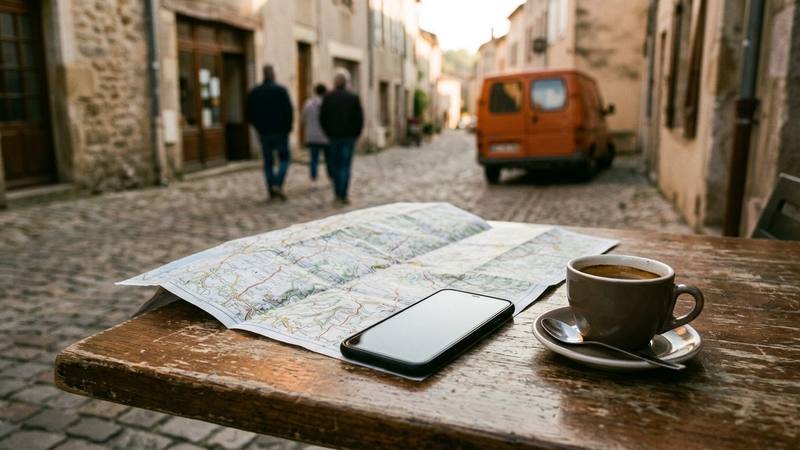 Un téléphone posé sur une table de bistrot de province, à côté d'une carte routière dépliée et d'un gobelet de café, photo d'illustration sans lien direct avec le tournage