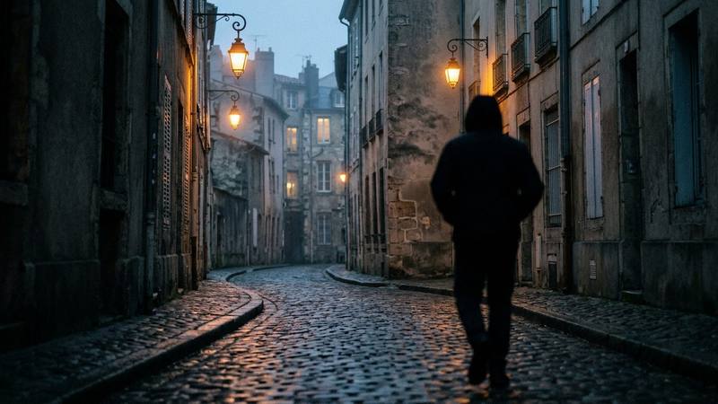 Rue pavée de centre-ville au crépuscule, réverbères orangés allumés et pavés humides, silhouette floue qui s'éloigne au coin d'une ruelle, ambiance de traque urbaine, photo d'illustration sans texte ni visage identifiable